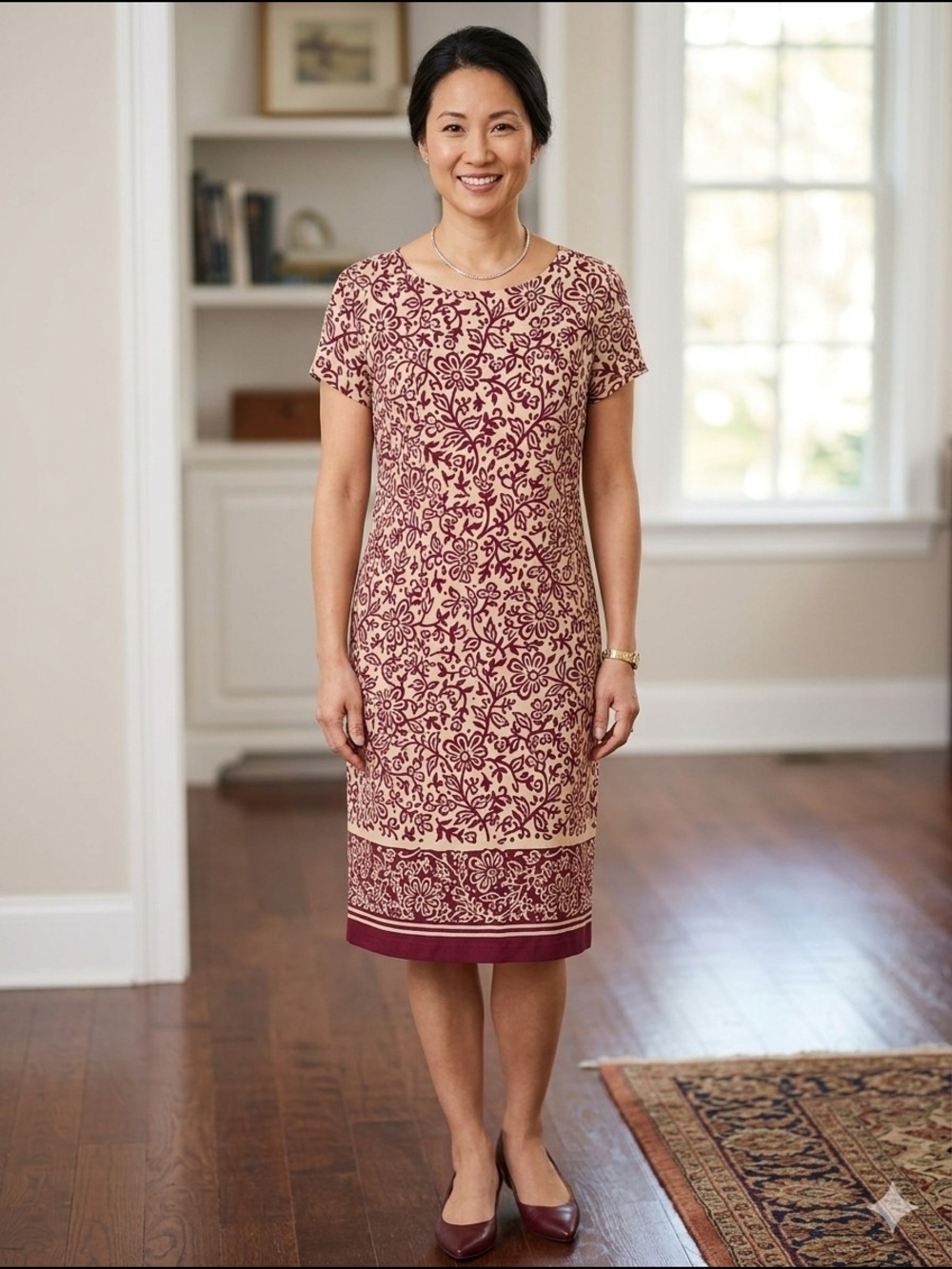 Talbots Burgundy and Cream Floral Midi Sheath Dress Silk Size‎ 14 Wedding Guest